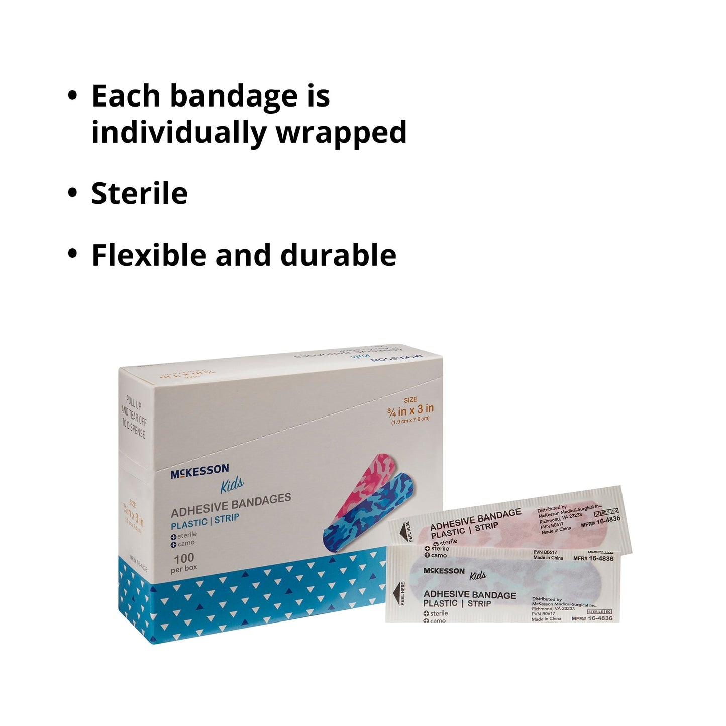Adhesive Strip McKesson Kids 3/4 X 3 Inch Plastic Rectangle Kid Design (Blue / Pink Camo) Sterile, Packaging Type- Box