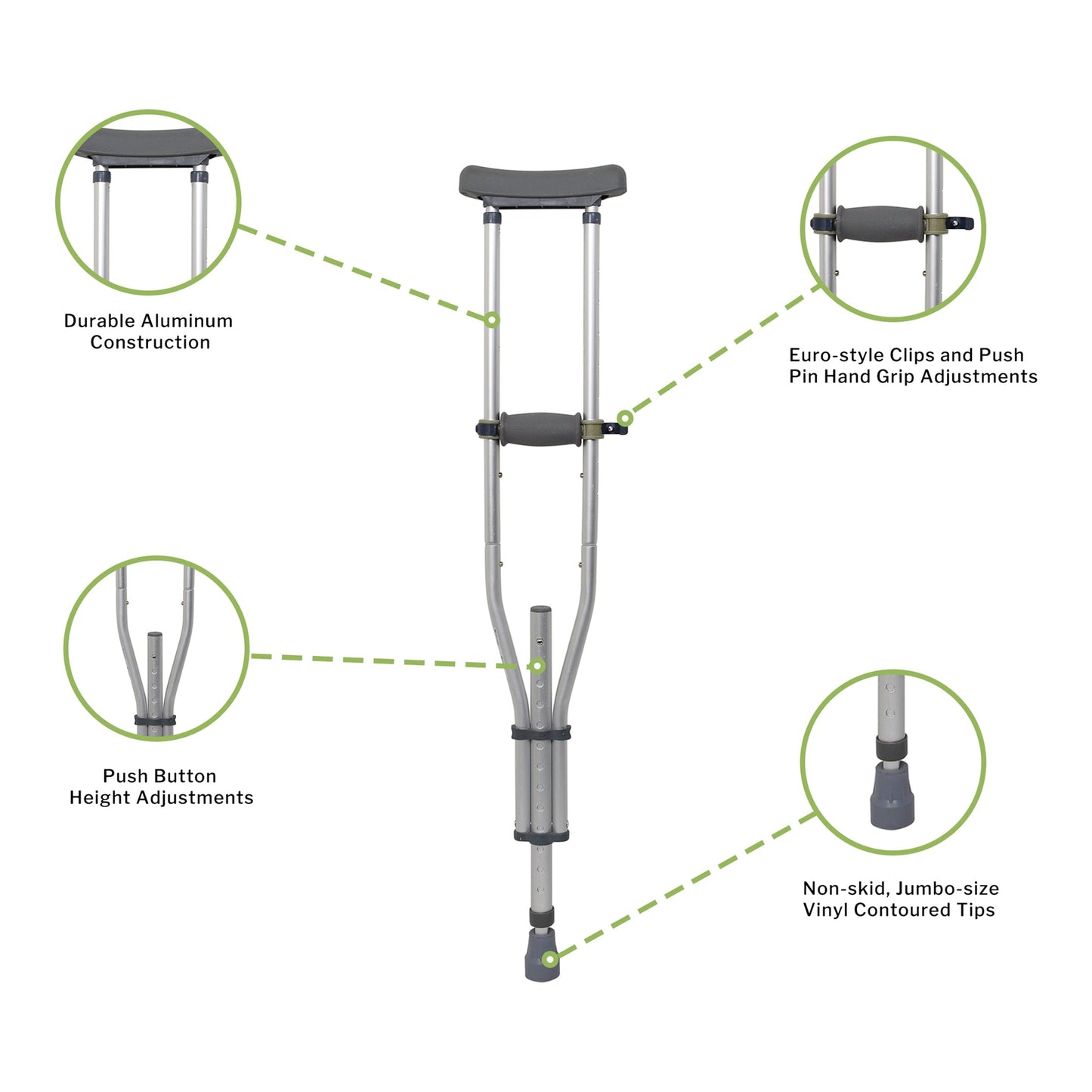 Underarm Crutches McKesson Youth / Adult / Tall Adult 4 Foot 6 Inch to 6 Foot 6 Inch User Height Aluminum Frame 300 lbs. Weight Capacity, Packaging Type- Box