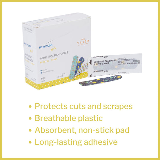 Adhesive Strip McKesson Kids 3/4 X 3 Inch Plastic Rectangle Kid Design (Assorted Prints) Sterile, Packaging Type- Box