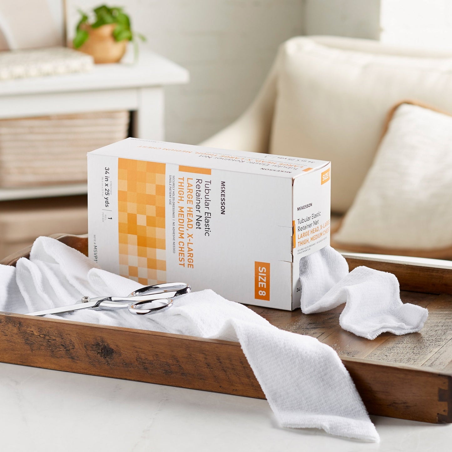 Elastic Net Retainer Dressing McKesson Tubular Elastic 34 Inch X 25 Yard (86.4 cm X 22.9 m) Size 8 White Large Head / X-Large Thigh / Medium Chest NonSterile, Packaging Type- Box