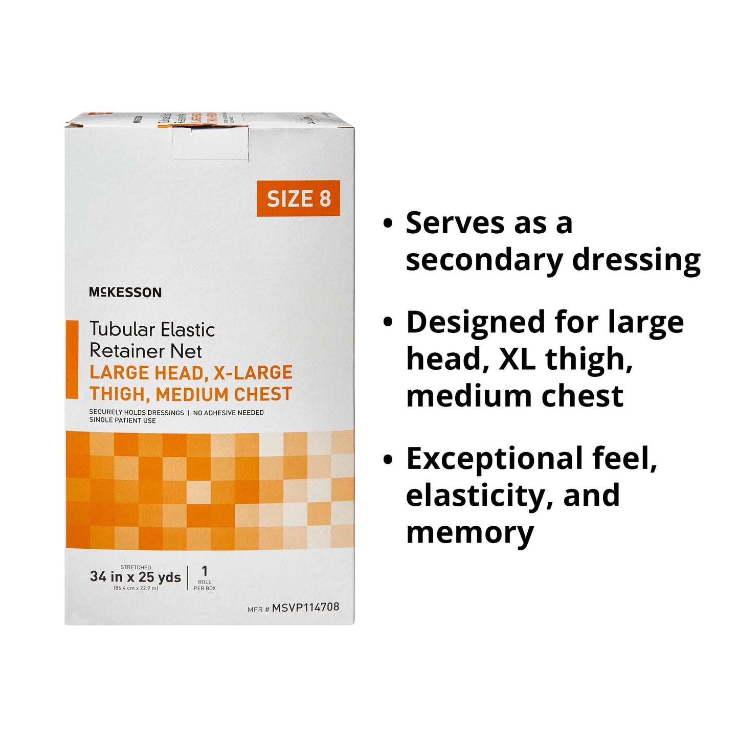 Elastic Net Retainer Dressing McKesson Tubular Elastic 34 Inch X 25 Yard (86.4 cm X 22.9 m) Size 8 White Large Head / X-Large Thigh / Medium Chest NonSterile, Packaging Type- Box