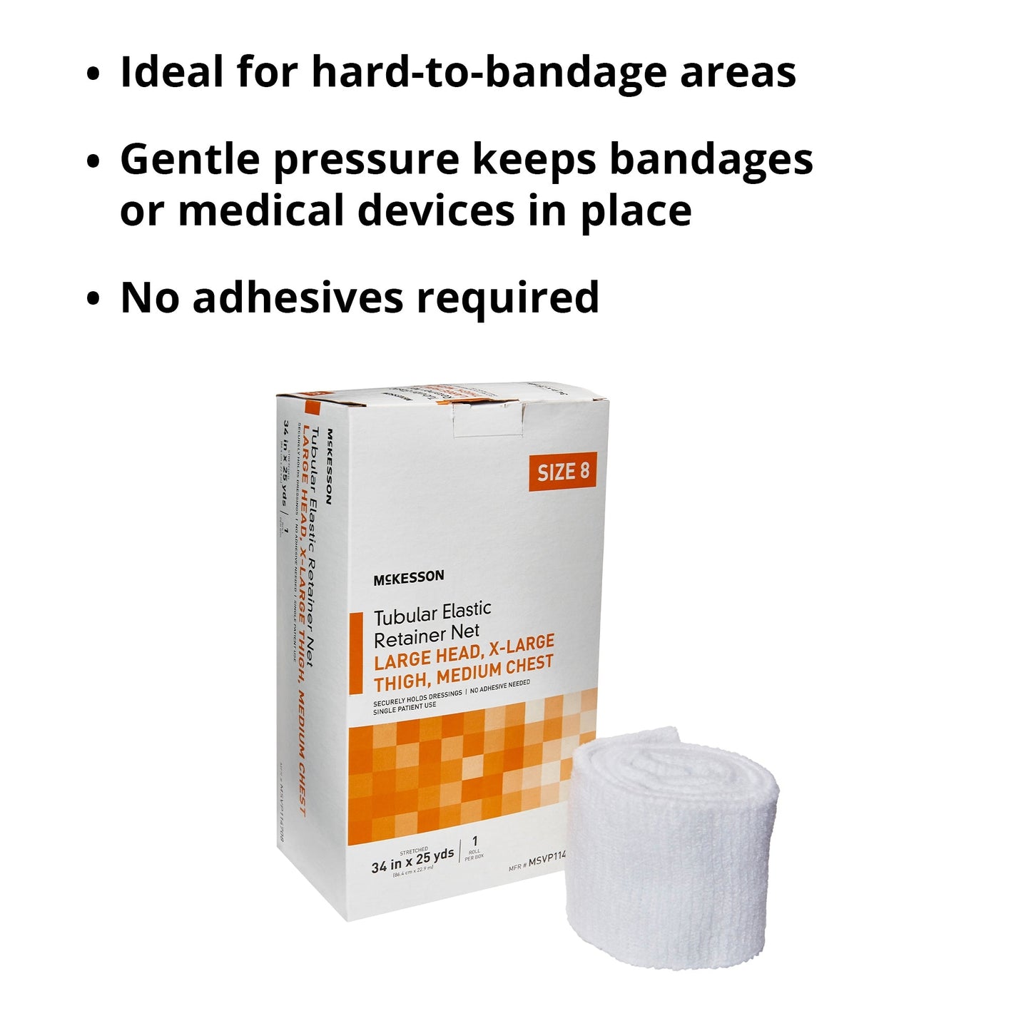 Elastic Net Retainer Dressing McKesson Tubular Elastic 34 Inch X 25 Yard (86.4 cm X 22.9 m) Size 8 White Large Head / X-Large Thigh / Medium Chest NonSterile, Packaging Type- Box