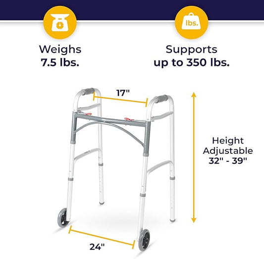 Deluxe Dual Release Folding Walker with Wheels Adjustable Height drive Deluxe Aluminum Frame 350 lbs. Weight Capacity 25 to 32-1/4 Inch Height, Packaging Type- Each