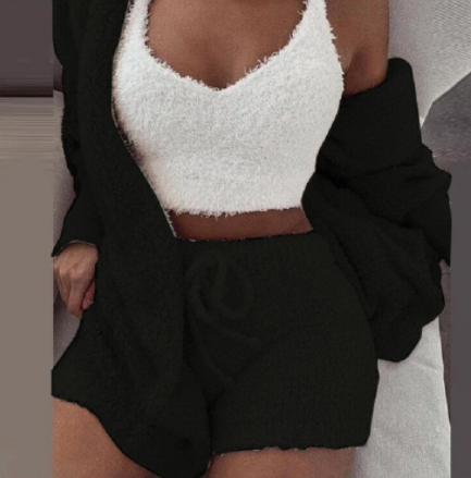 Veluxe 3-Piece Women’s Velvet Lounge Set – Long Sleeve Crop Top, Tank, & Drawstring Shorts