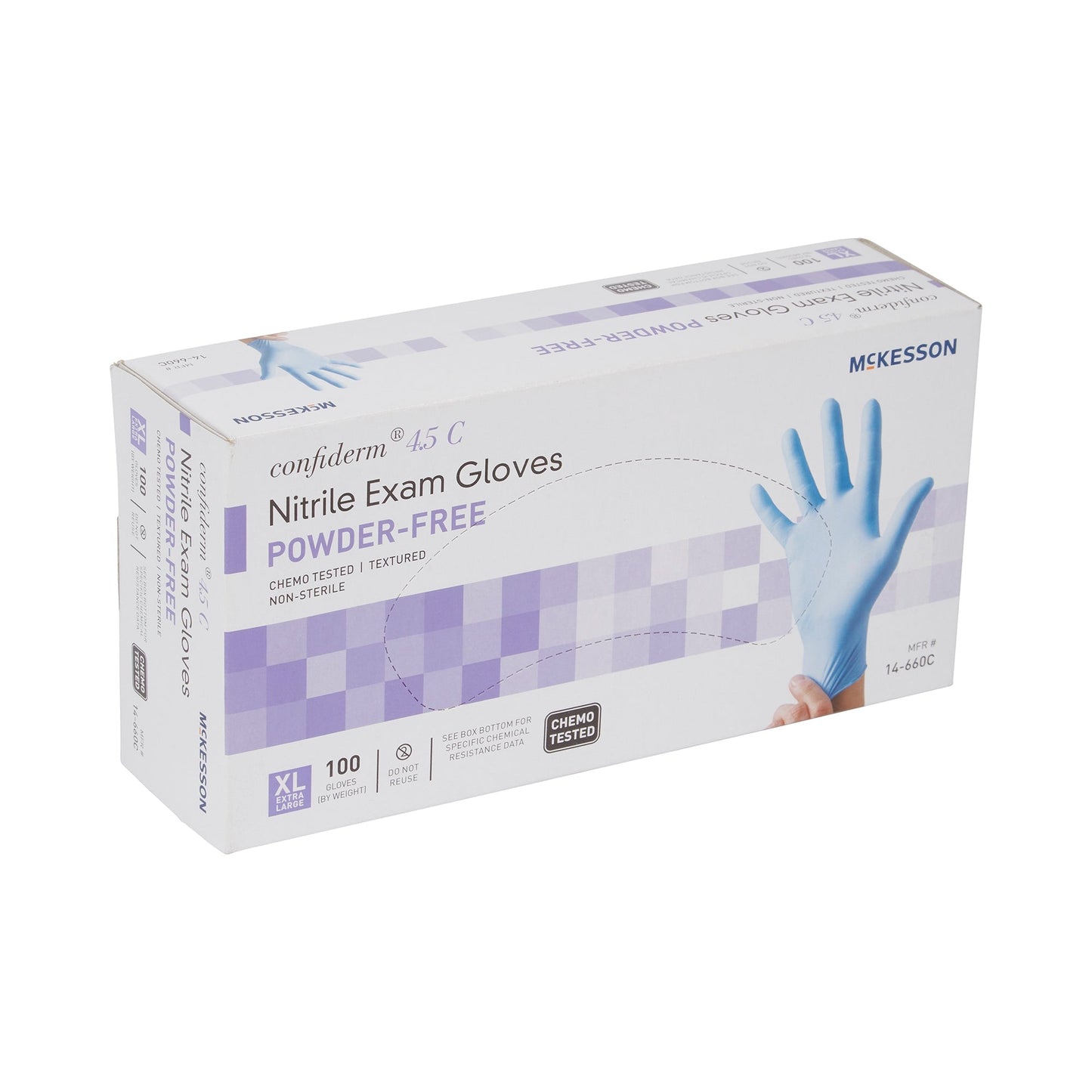 Exam Glove McKesson Confiderm 4.5C X-Large NonSterile Nitrile Standard Cuff Length Textured Fingertips Blue Chemo Tested, Packaging Type- Box