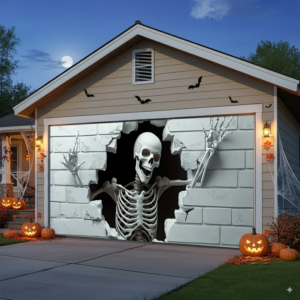 Skeleton Brick Wall Garage Door Banner – Halloween Skeleton Garage Cover