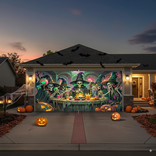Witch Skull Garage Door Banner – Haunted Halloween Polyester Cover with Witch & Skull Scene