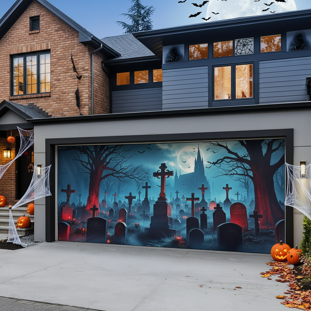 Haunted Castle & Cemetery Halloween Garage Door Banner – Polyester Full Moon, Bats & Cross Scene