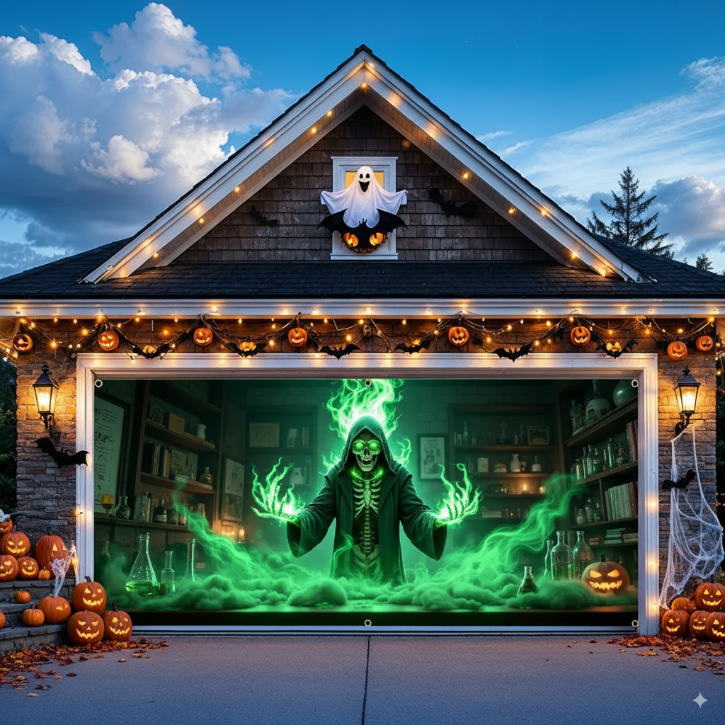 Skull Magician Halloween Garage Door Banner – Neon Green Cloak & Floating Bats Deluxe Cover