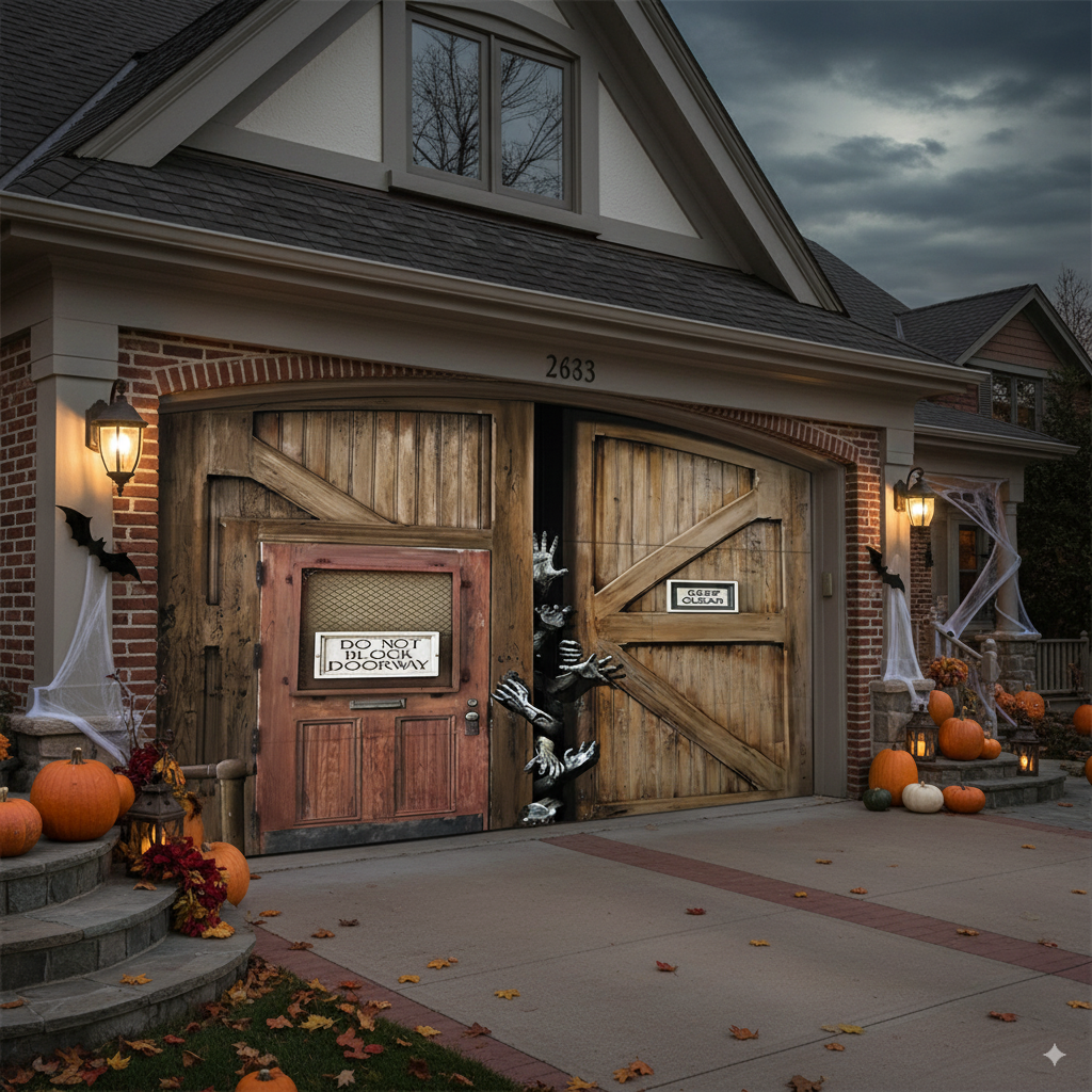 Flat Horror Wood Room Halloween Garage Door Banner – Spooky Indoor/Outdoor Cover, No Power Needed