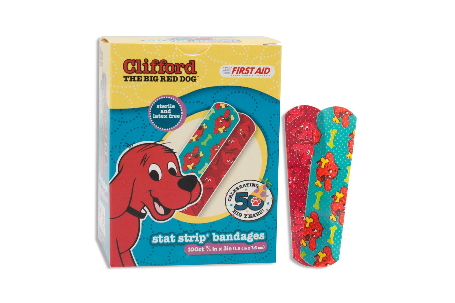 Adhesive Strip American White Cross Stat Strip 3/4 X 3 Inch Plastic Rectangle Kid Design (Clifford the Big Red Dog) Sterile, Packaging Type- Box