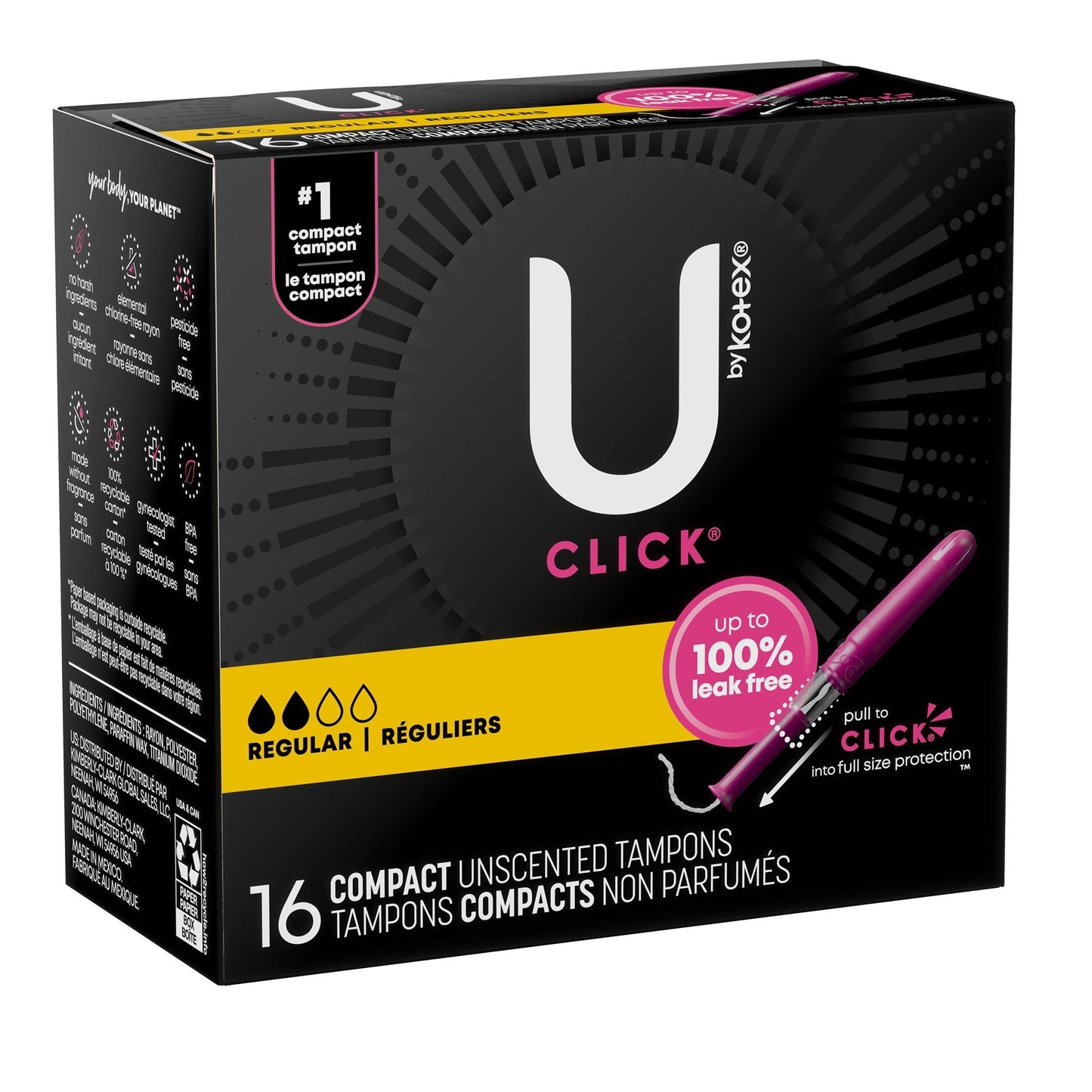 Tampon U by Kotex Click Regular Absorbency Plastic Applicator Individually Wrapped, Packaging Type- Case