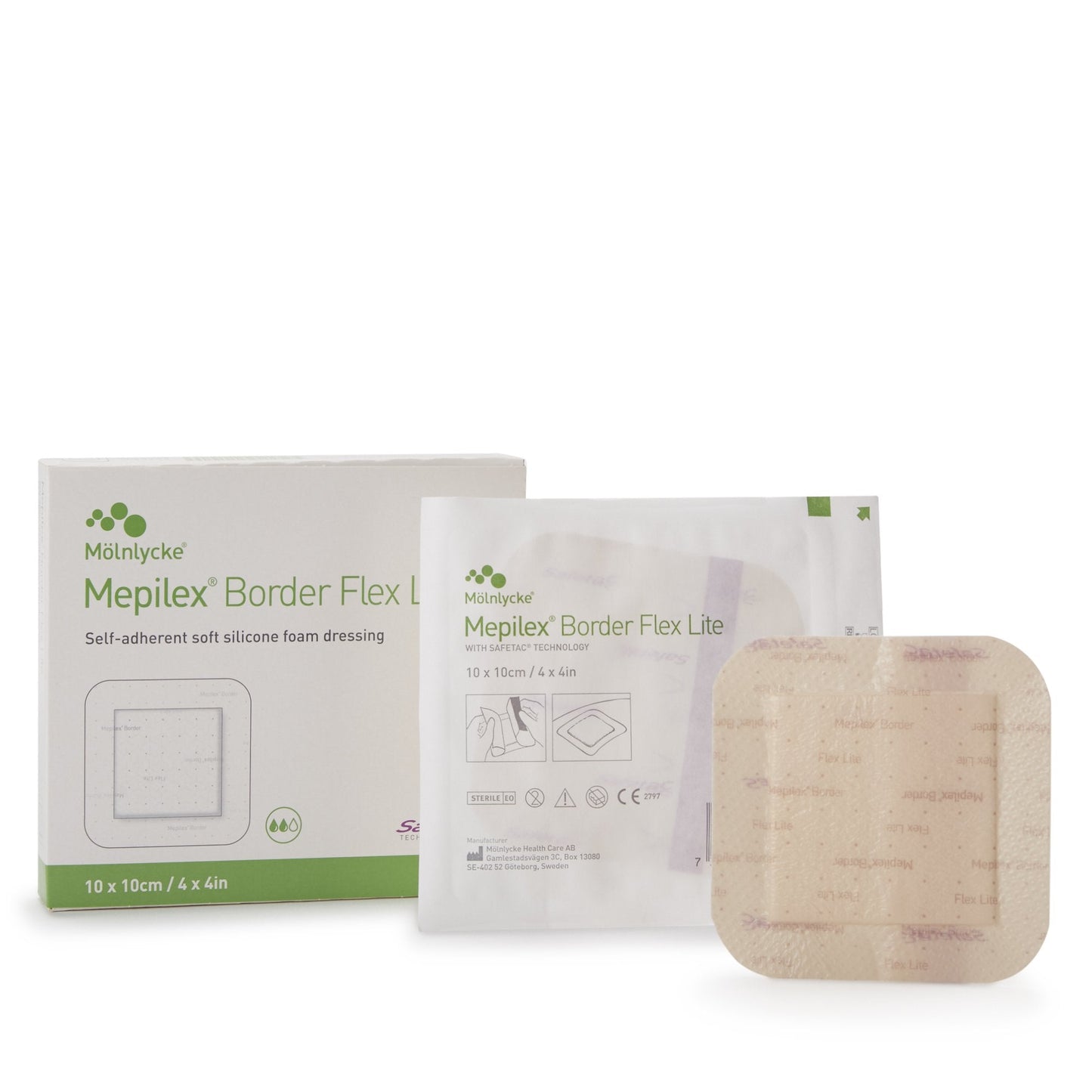 Thin Foam Dressing Mepilex Border Flex Lite 4 X 4 Inch With Border Film Backing Silicone Adhesive Square Sterile, Packaging Type- Each