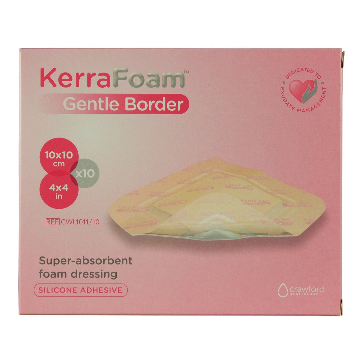 Foam Dressing KerraFoam™ Gentle Border 4 X 4 Inch With Border Film Backing Silicone Adhesive Square Sterile, Packaging Type- Each
