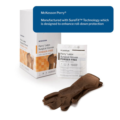 Surgical Glove McKesson Perry Size 6.5 Sterile Latex Standard Cuff Length Smooth Brown Not Chemo Approved, Packaging Type- Box