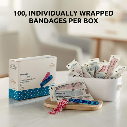 Adhesive Strip McKesson Kids 3/4 X 3 Inch Plastic Rectangle Kid Design (Blue / Pink Camo) Sterile, Packaging Type- Box