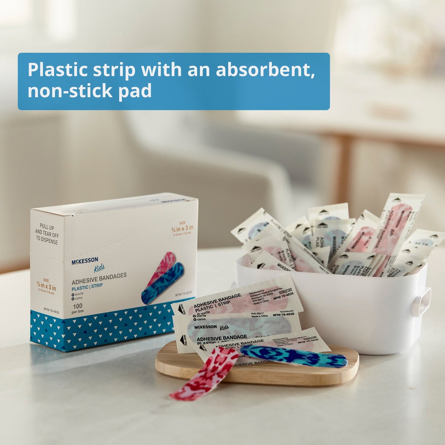 Adhesive Strip McKesson Kids 3/4 X 3 Inch Plastic Rectangle Kid Design (Blue / Pink Camo) Sterile, Packaging Type- Box