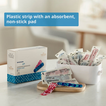 Adhesive Strip McKesson Kids 3/4 X 3 Inch Plastic Rectangle Kid Design (Blue / Pink Camo) Sterile, Packaging Type- Box