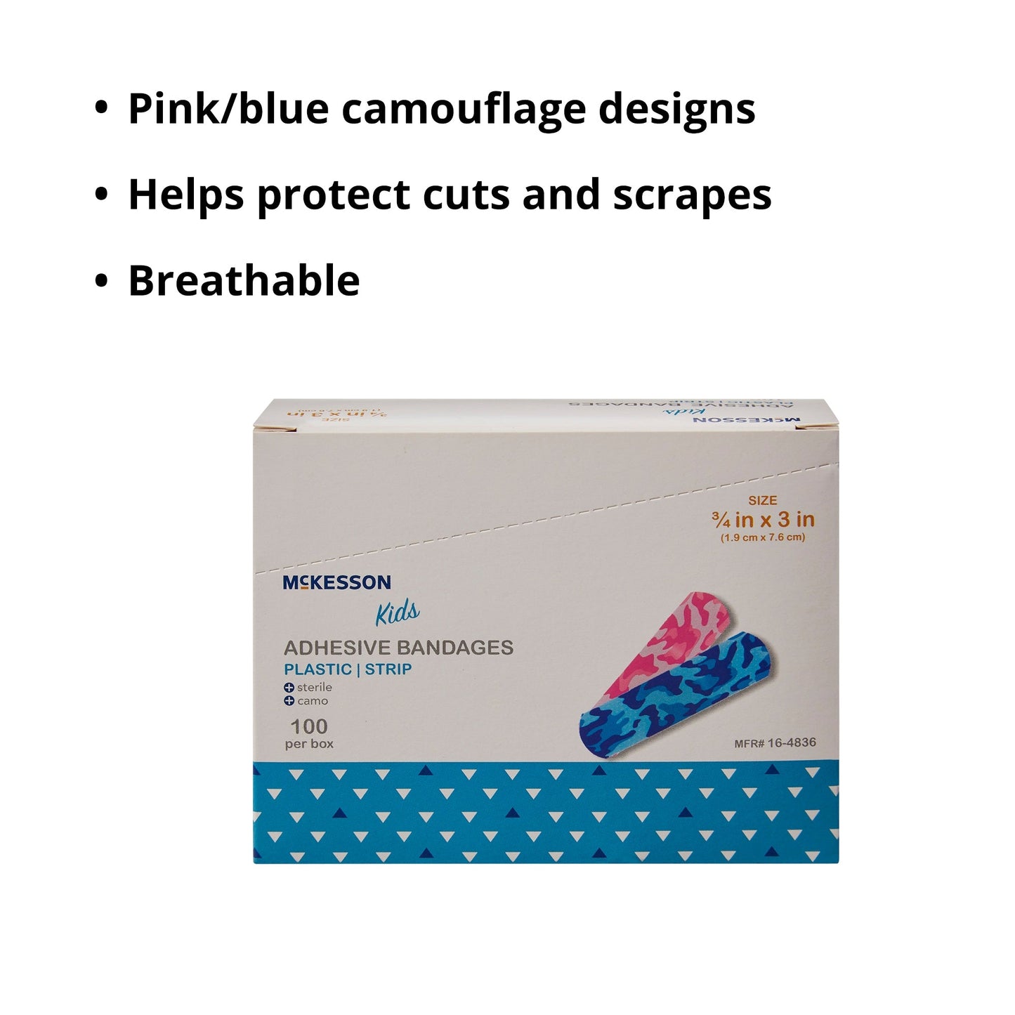 Adhesive Strip McKesson Kids 3/4 X 3 Inch Plastic Rectangle Kid Design (Blue / Pink Camo) Sterile, Packaging Type- Box