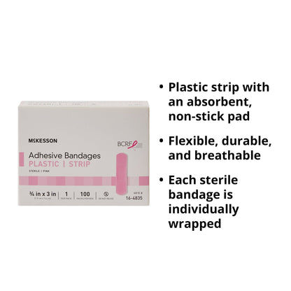 Adhesive Strip McKesson 3/4 X 3 Inch Plastic Rectangle Pink Sterile, Packaging Type- Box