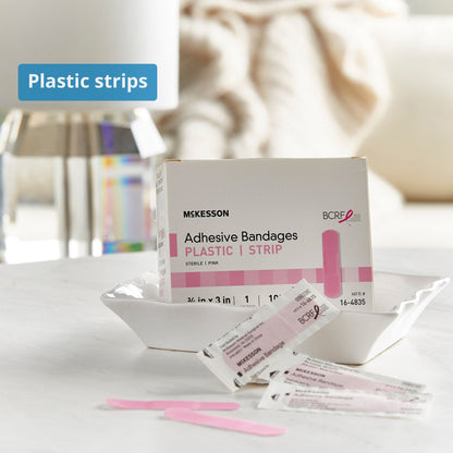 Adhesive Strip McKesson 3/4 X 3 Inch Plastic Rectangle Pink Sterile, Packaging Type- Box