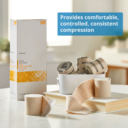 Elastic Bandage McKesson 2 Inch X 5 Yard Double Hook and Loop Closure Tan NonSterile Standard Compression, Packaging Type- Box