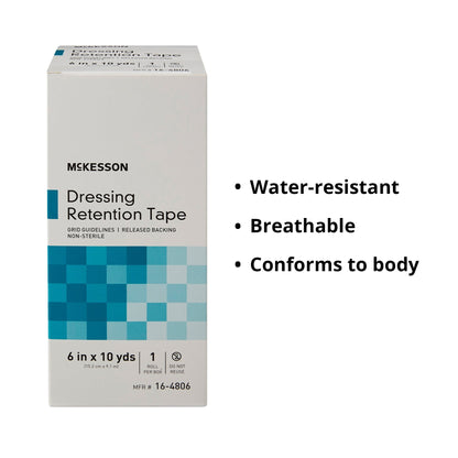 Water Resistant Dressing Retention Tape with Liner McKesson White 6 Inch X 10 Yard Nonwoven / Printed Release Paper NonSterile, Packaging Type- Box
