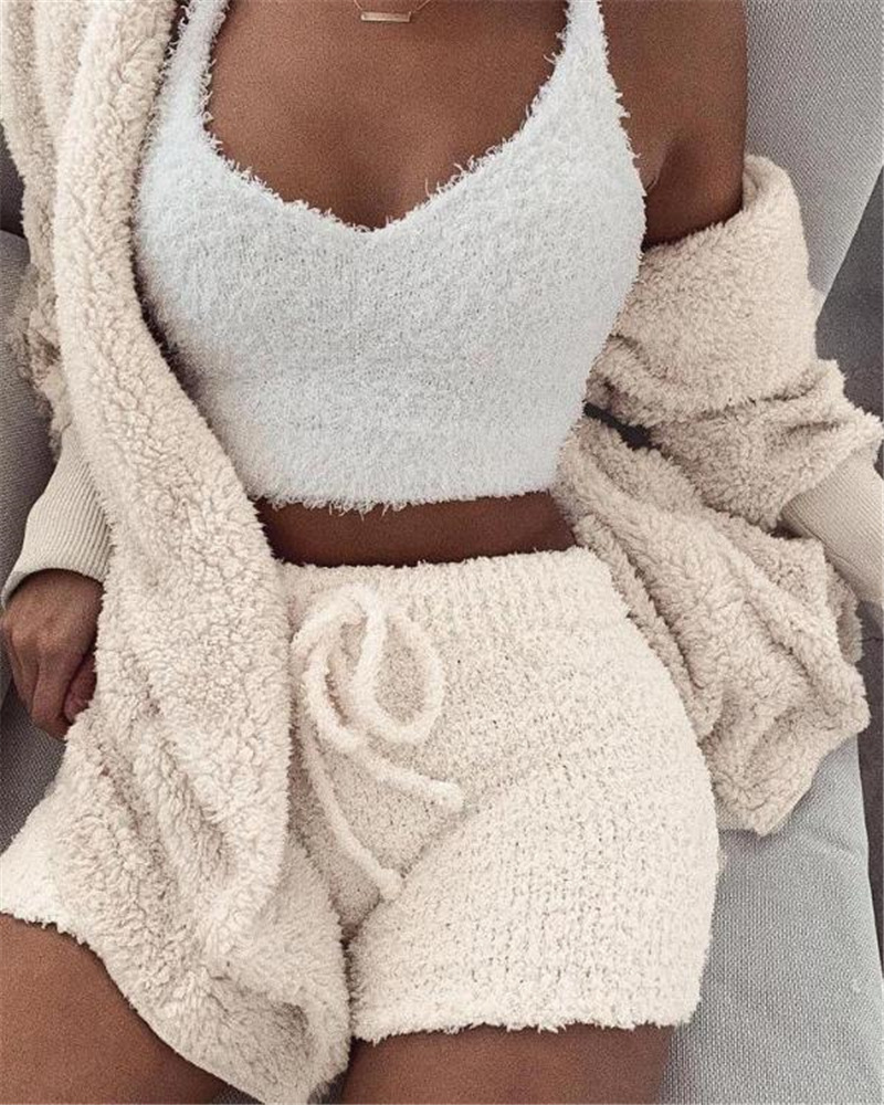 Veluxe 3-Piece Women’s Velvet Lounge Set – Long Sleeve Crop Top, Tank, & Drawstring Shorts