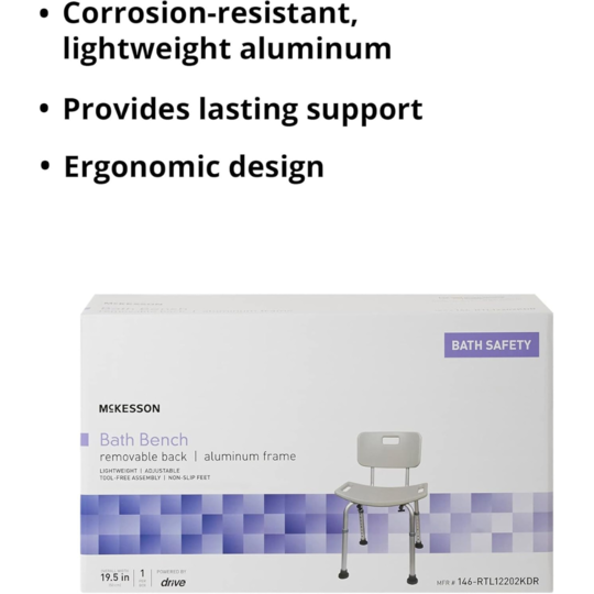 Bath Bench McKesson Without Arms Aluminum Frame Removable Backrest 19-1/4 Inch Seat Width 300 lbs. Weight Capacity, Packaging Type- Each
