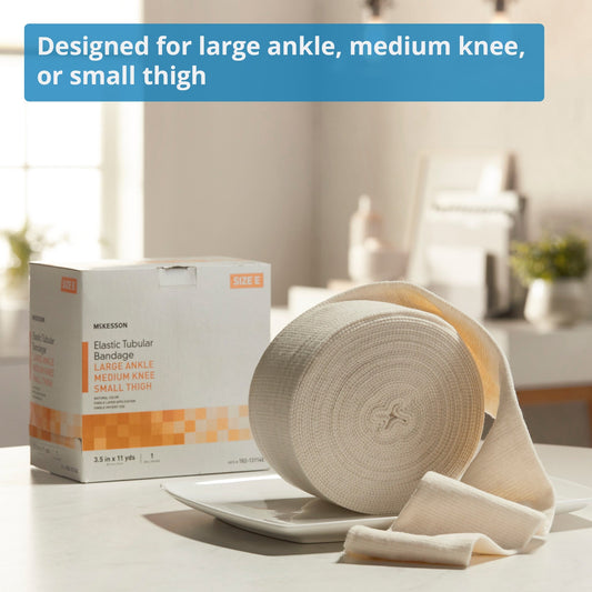 Elastic Tubular Support Bandage McKesson Spandagrip 3-1/2 Inch X 11 Yard Large Ankle / Medium Knee Pull On Natural NonSterile Size E Standard Compression, Packaging Type- Box