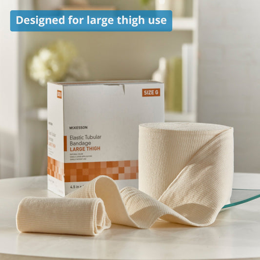 Elastic Tubular Support Bandage McKesson Spandagrip 4-1/2 Inch X 11 Yard Large Thigh Pull On Natural NonSterile Size G Standard Compression, Packaging Type- Box