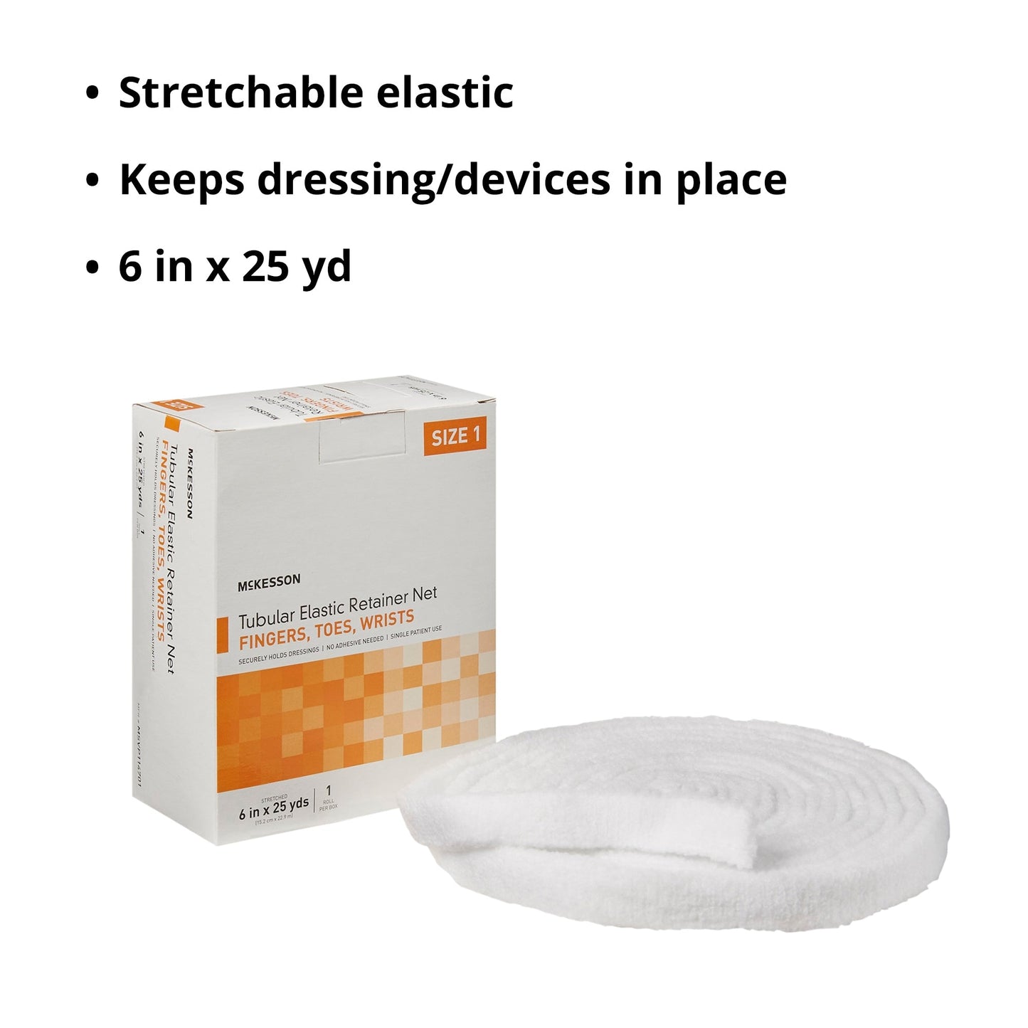 Elastic Net Retainer Dressing McKesson Tubular Elastic 6 Inch X 25 Yard (15.2 cm x 22.9 m) Size 1 White Finger / Toe / Wrist NonSterile, Packaging Type- Box