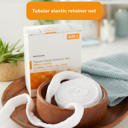 Elastic Net Retainer Dressing McKesson Tubular Elastic 7-1/2 Inch X 25 Yard (19.1 cm X 22.9 m) Size 2 White Small Hand / X-Small Arm / Leg / Foot NonSterile, Packaging Type- Box