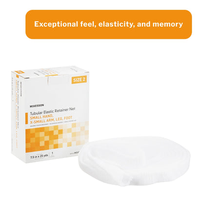 Elastic Net Retainer Dressing McKesson Tubular Elastic 7-1/2 Inch X 25 Yard (19.1 cm X 22.9 m) Size 2 White Small Hand / X-Small Arm / Leg / Foot NonSterile, Packaging Type- Box
