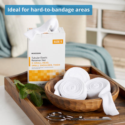 Elastic Net Retainer Dressing McKesson Tubular Elastic 14-1/2 Inch X 25 Yard Size 5 White X-Small Head / Small Shoulder / Thigh NonSterile, Packaging Type- Box