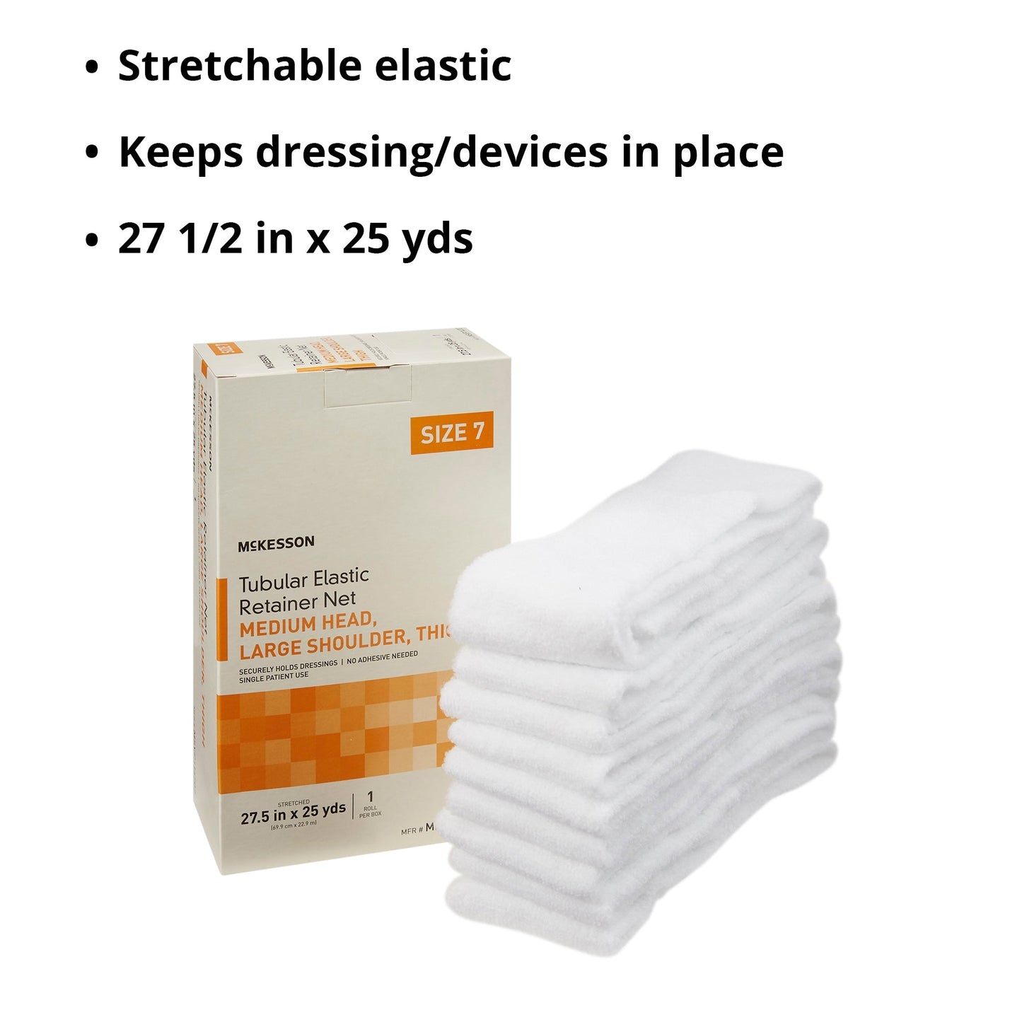 Elastic Net Retainer Dressing McKesson Tubular Elastic 27-1/2 Inch X 25 Yard (69.9 cm X 22.9 m) Size 7 White Medium Head / Large Shoulder / Thigh NonSterile, Packaging Type- Box