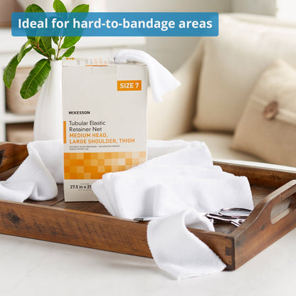 Elastic Net Retainer Dressing McKesson Tubular Elastic 27-1/2 Inch X 25 Yard (69.9 cm X 22.9 m) Size 7 White Medium Head / Large Shoulder / Thigh NonSterile, Packaging Type- Box