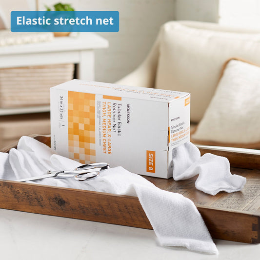 Elastic Net Retainer Dressing McKesson Tubular Elastic 34 Inch X 25 Yard (86.4 cm X 22.9 m) Size 8 White Large Head / X-Large Thigh / Medium Chest NonSterile, Packaging Type- Box