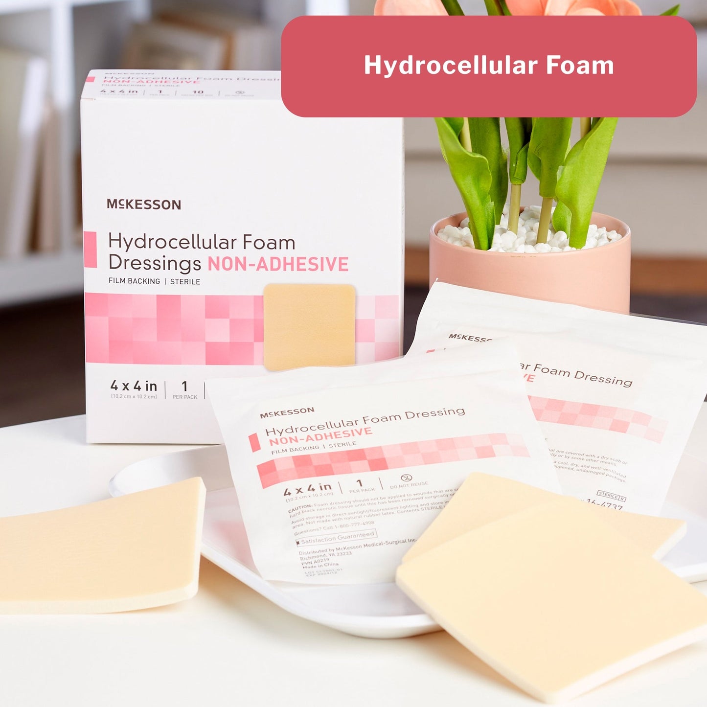 Foam Dressing McKesson 4 X 4 Inch Without Border Film Backing Nonadhesive Square Sterile, Packaging Type- Box