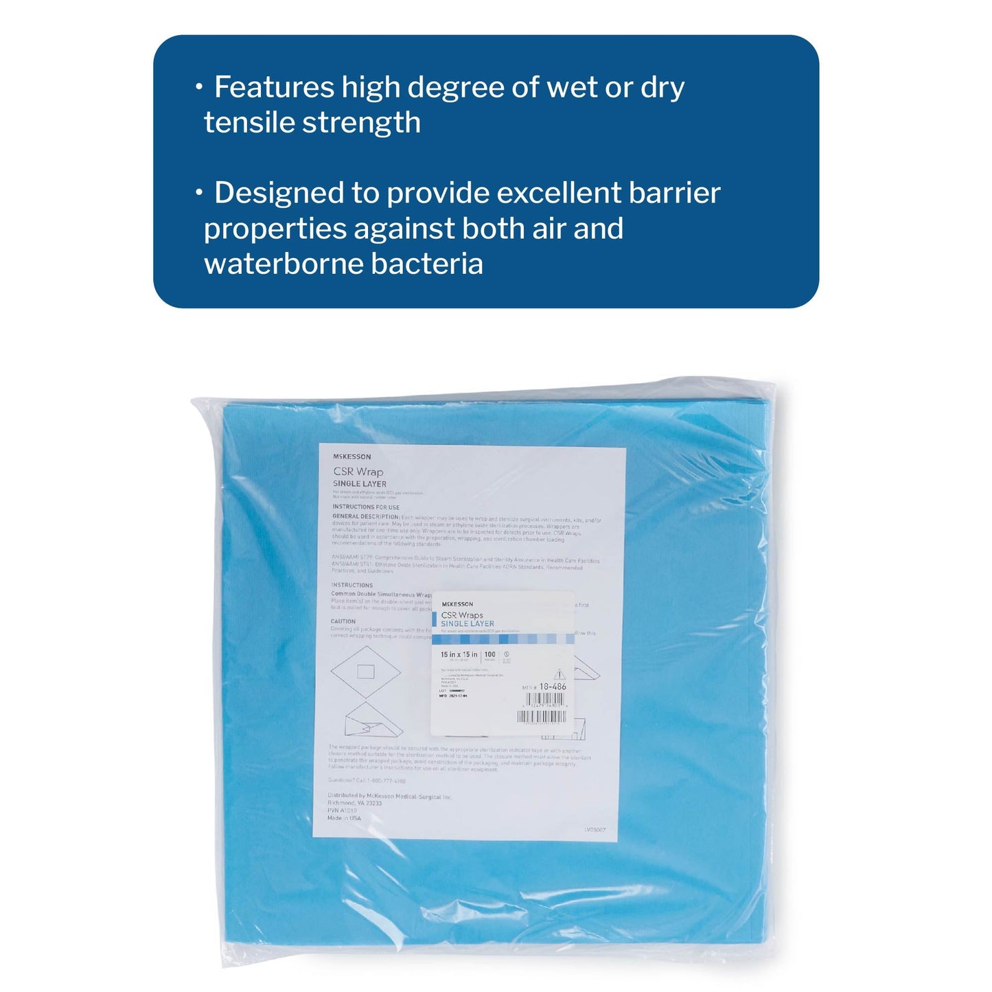 McKesson Sterilization Wrap Blue 15 X 15 Inch Single Layer Cellulose Steam / EO Gas, Packaging Type- Box