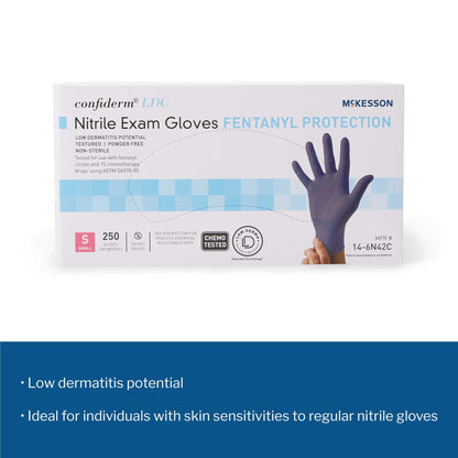 Exam Glove McKesson Confiderm LDC Small NonSterile Nitrile Standard Cuff Length Fully Textured Blue Chemo Tested / Fentanyl Tested, Packaging Type- Box