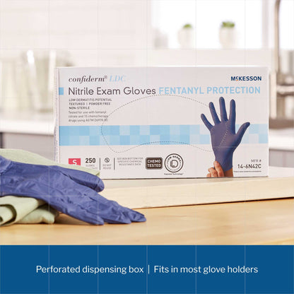 Exam Glove McKesson Confiderm LDC Small NonSterile Nitrile Standard Cuff Length Fully Textured Blue Chemo Tested / Fentanyl Tested, Packaging Type- Box