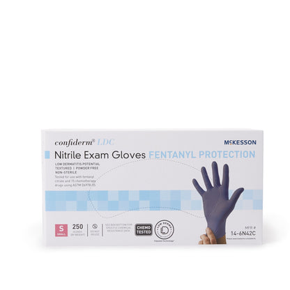 Exam Glove McKesson Confiderm LDC Small NonSterile Nitrile Standard Cuff Length Fully Textured Blue Chemo Tested / Fentanyl Tested, Packaging Type- Box