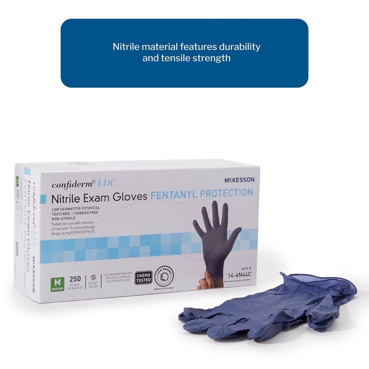 Exam Glove McKesson Confiderm LDC Medium NonSterile Nitrile Standard Cuff Length Fully Textured Blue Chemo Tested / Fentanyl Tested, Packaging Type- Box
