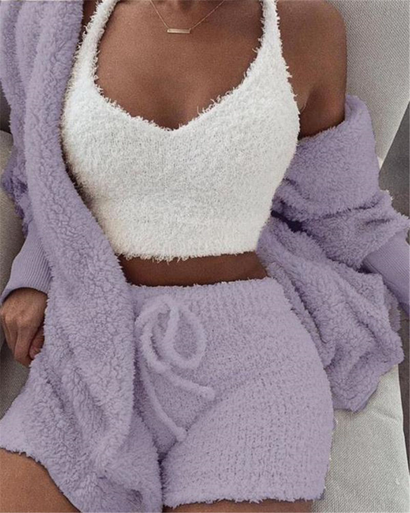 Veluxe 3-Piece Women’s Velvet Lounge Set – Long Sleeve Crop Top, Tank, & Drawstring Shorts
