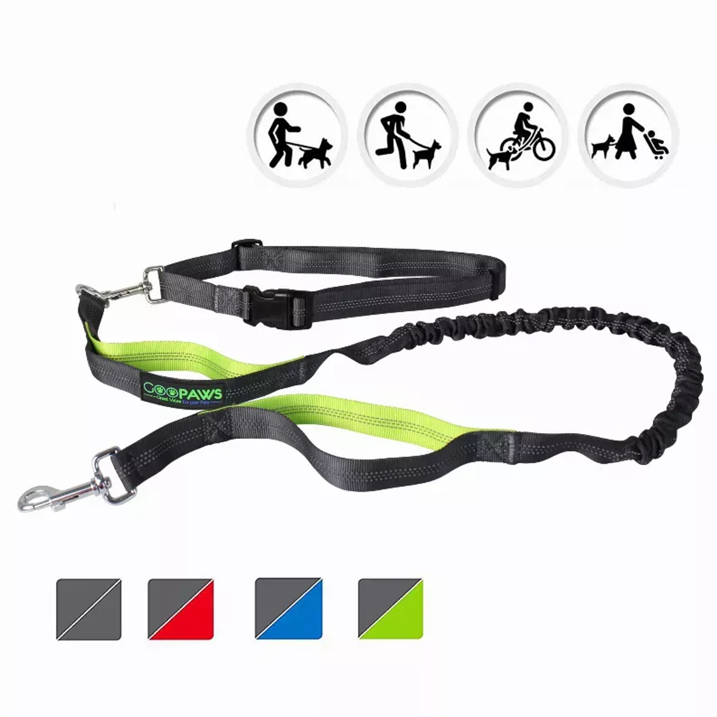 JESPET Hands Free Dog Leash for Running, Walking, Hiking Jogging for Medium & Large Dogs up to 150lbs, Durable Dual Handle Waist Leash with Reflective Bungee and Adjustable Waist