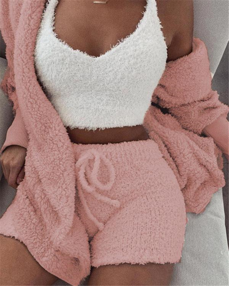 Veluxe 3-Piece Women’s Velvet Lounge Set – Long Sleeve Crop Top, Tank, & Drawstring Shorts