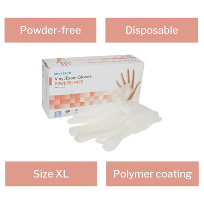 Exam Glove McKesson X-Large NonSterile Vinyl Standard Cuff Length Smooth Clear Not Rated, Packaging Type- Box