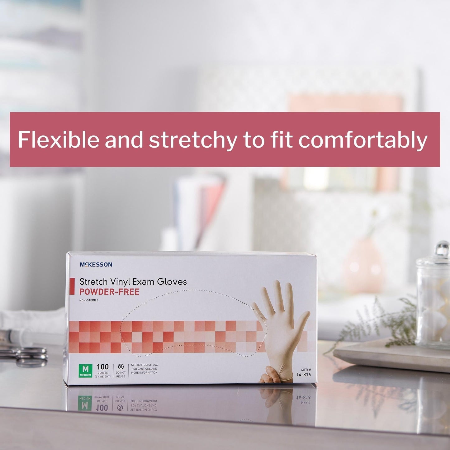 Exam Glove McKesson Medium NonSterile Stretch Vinyl Standard Cuff Length Smooth Ivory Not Rated, Packaging Type- Box