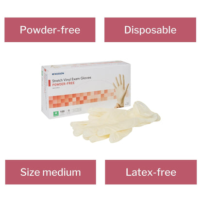 Exam Glove McKesson Medium NonSterile Stretch Vinyl Standard Cuff Length Smooth Ivory Not Rated, Packaging Type- Box
